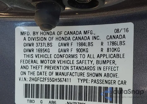 2016 Honda Civic Lx z USA, uszkodzony, nr VIN 2HGFC2F55GH567411